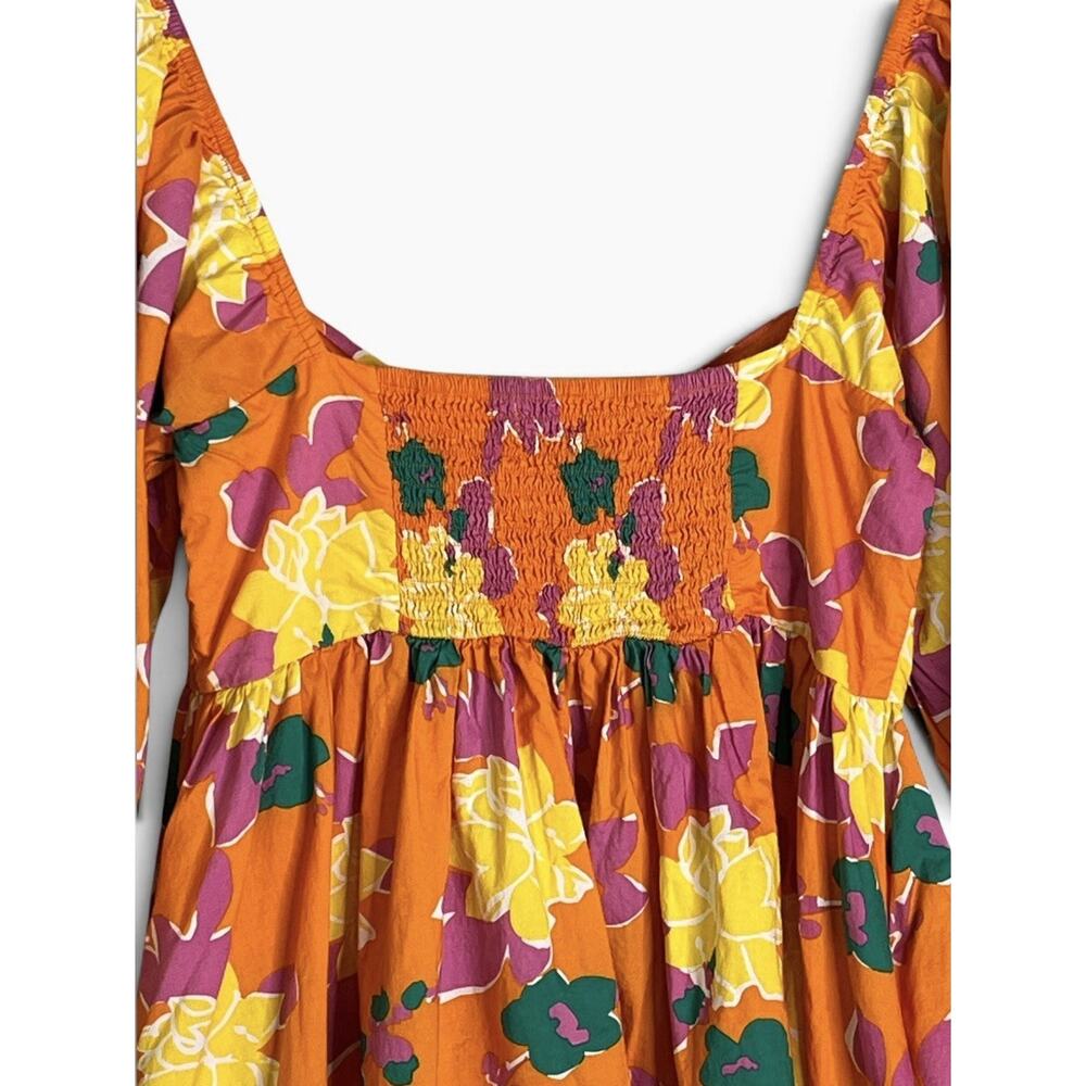 Altar'd State Minister Dress M Puff Sleeve Orange Floral Tropical Boho Pockets - Picture 8 of 16